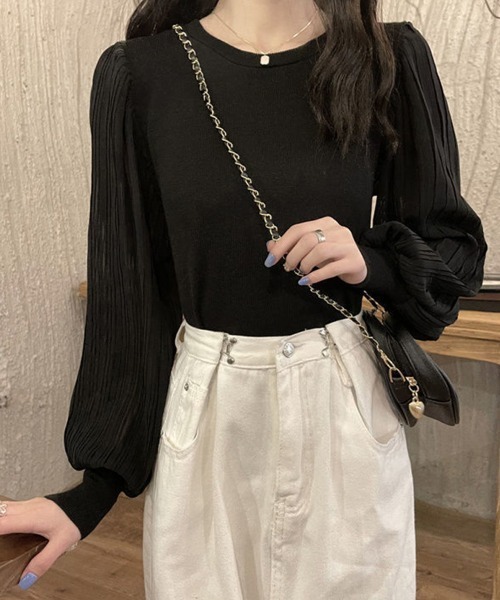 Miniministore(ミニミニストア)の「ニットブラウス 異素材 韓国風トップス(シャツ/ブラウス・レディース・ブラック/ホワイト・FREE)」の1枚目の写真