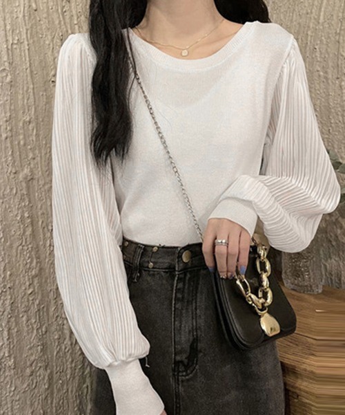 Miniministore(ミニミニストア)の「ニットブラウス 異素材 韓国風トップス(シャツ/ブラウス・レディース・ブラック/ホワイト・FREE)」の7枚目の写真