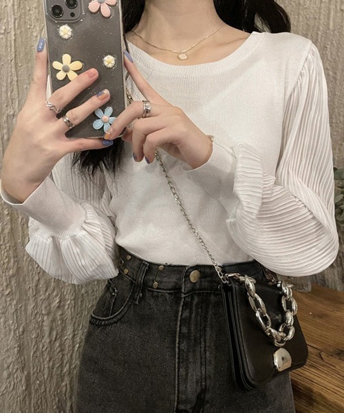 Miniministore(ミニミニストア)の「ニットブラウス 異素材 韓国風トップス(シャツ/ブラウス・レディース・ブラック/ホワイト・FREE)」の6枚目の写真