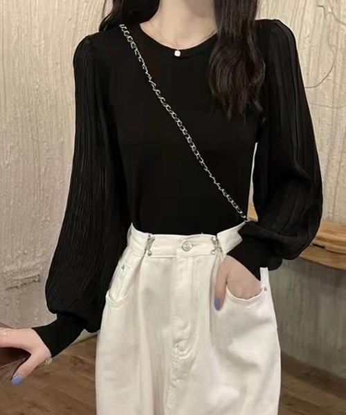 Miniministore(ミニミニストア)の「ニットブラウス 異素材 韓国風トップス(シャツ/ブラウス・レディース・ブラック/ホワイト・FREE)」の4枚目の写真