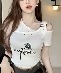 ショルダーデザインベルトクロップド丈バラモチーフ半袖カットソー
