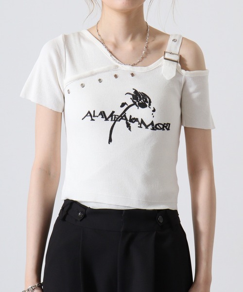FUNALIVE(ファンアライブ)の「ショルダーデザインベルトクロップド丈バラモチーフ半袖カットソー(Tシャツ/カットソー・レディース・ブラック/ホワイト・FREE)」の12枚目の写真