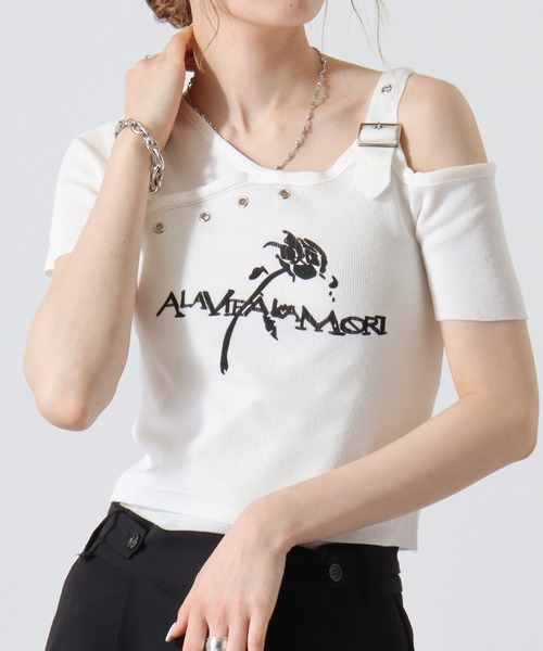 FUNALIVE(ファンアライブ)の「ショルダーデザインベルトクロップド丈バラモチーフ半袖カットソー(Tシャツ/カットソー・レディース・ブラック/ホワイト・FREE)」の5枚目の写真