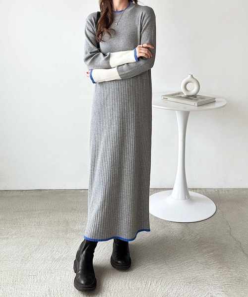 セール】全骨格細見え！配色リブニットワンピース（ワンピース