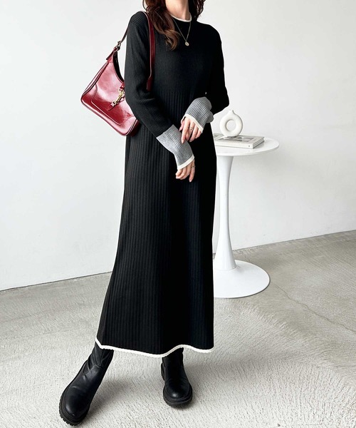 セール】全骨格細見え！配色リブニットワンピース（ワンピース