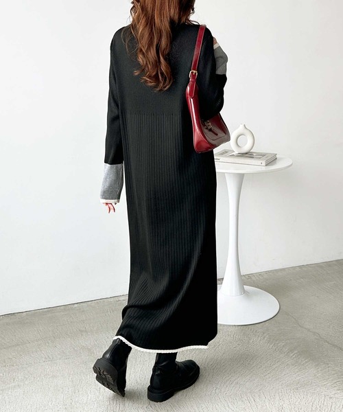 セール】全骨格細見え！配色リブニットワンピース（ワンピース