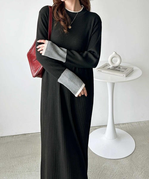 セール】全骨格細見え！配色リブニットワンピース（ワンピース