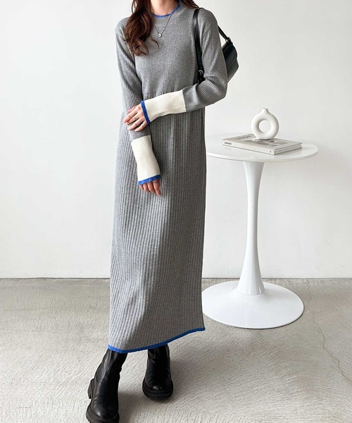 セール】全骨格細見え！配色リブニットワンピース（ワンピース