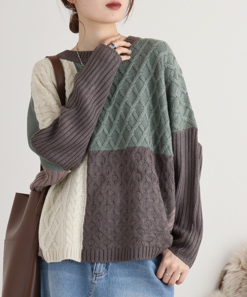 myke（ミーカ）の「myke パッチワークケーブル配色ニットプルオーバー