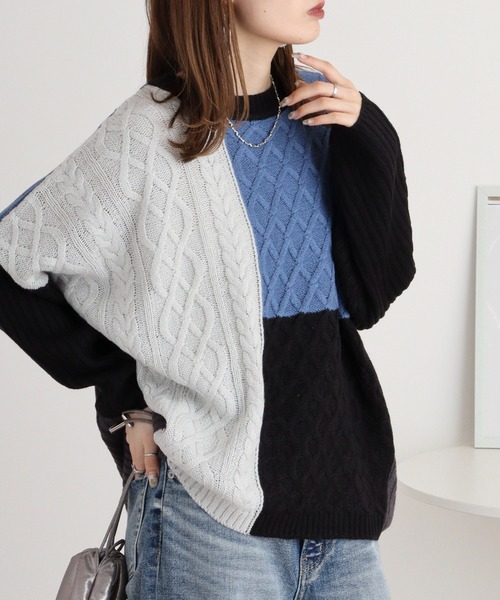 myke（ミーカ）の「myke パッチワークケーブル配色ニットプルオーバー