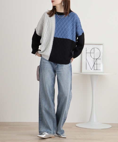 myke（ミーカ）の「myke パッチワークケーブル配色ニットプルオーバー