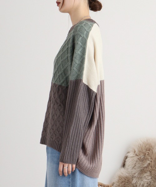 mika　Pニット　2色 myke（ミーカ）の「myke パッチワークケーブル配色ニットプルオーバー