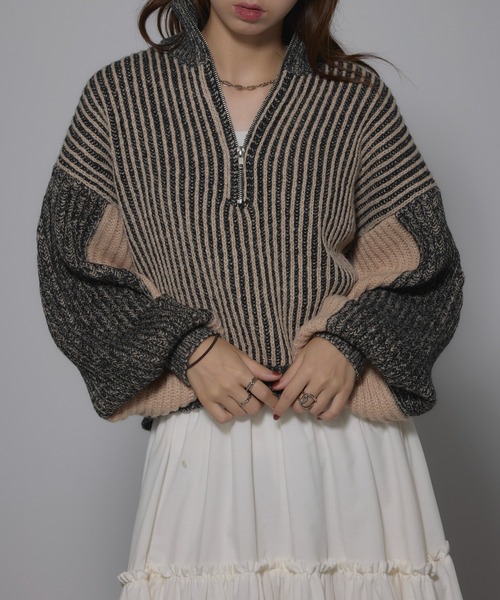 MAISON BREEZE（メゾンブリーズ）の「【MAISON BREEZE】ストライプニット ハーフZip タートル プルオーバ ーニット 31927R333 XNN（ニット/セーター・レディース・ブラック/ベージュ・FREE）」の2枚目の写真