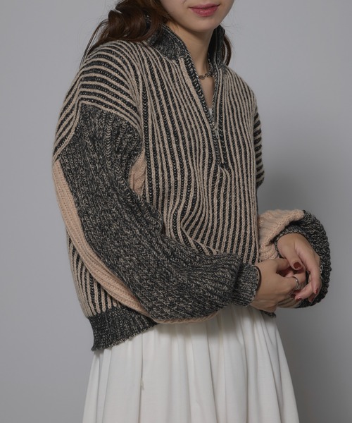 MAISON BREEZE（メゾンブリーズ）の「【MAISON BREEZE】ストライプニット ハーフZip タートル プルオーバ ーニット 31927R333 XNN（ニット/セーター・レディース・ブラック/ベージュ・FREE）」の6枚目の写真