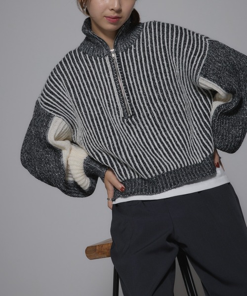 MAISON BREEZE（メゾンブリーズ）の「【MAISON BREEZE】ストライプニット ハーフZip タートル プルオーバ ーニット 31927R333 XNN（ニット/セーター・レディース・ブラック/ベージュ・FREE）」の13枚目の写真
