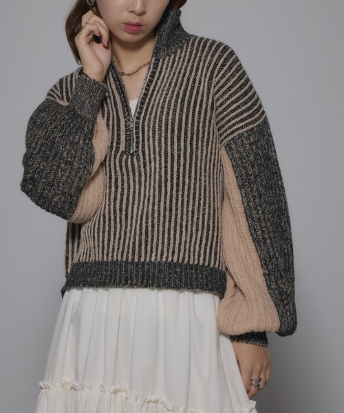 MAISON BREEZE（メゾンブリーズ）の「【MAISON BREEZE】ストライプニット ハーフZip タートル プルオーバ ーニット 31927R333 XNN（ニット/セーター・レディース・ブラック/ベージュ・FREE）」の14枚目の写真