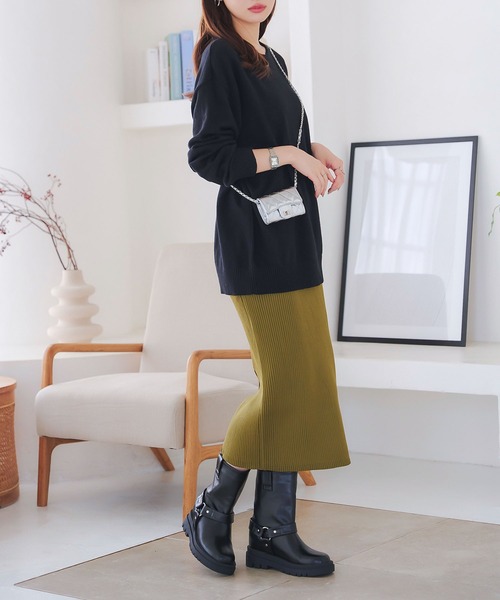 低身長さん高身長さんも選べる3丈ストレッチリブニットスカート