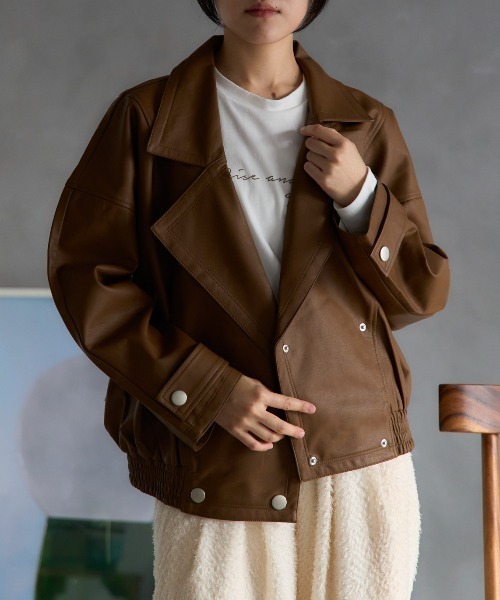 ブラウンレザー風オーバーサイズジャケット セール】オーバーサイズ フェイクレザージャケット/セットアップ対応