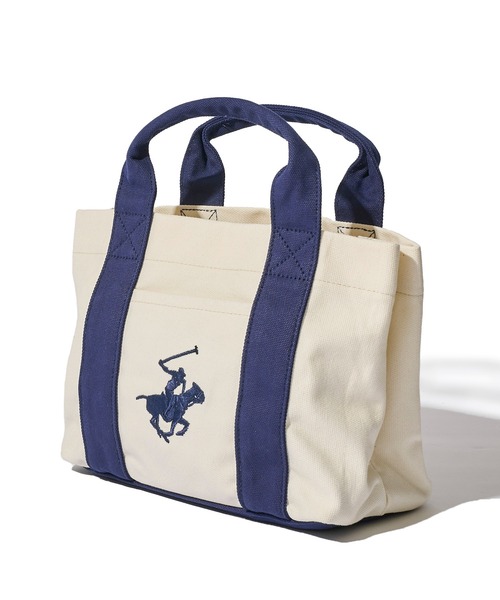 BEVERLY HILLS POLO CLUB(ビバリーヒルズポロクラブ)の「【BEVERLY HILLS POLO CLUB / ビバリーヒルズポロクラブ】16ozキャンバスロゴ刺繍ミニトートバッグ(トートバッグ・レディース・ホワイト系1/ホワイト系2/サックスブルー/ホワイト系3/ホワイト系4/ブラック・FREE)」の1枚目の写真