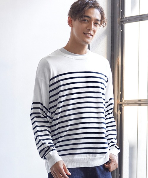 coca(coca)(コカ)の「パネルボーダークルーネック長袖(ニット/セーター・メンズ・ホワイト/ブラック・XL/L/M)」の2枚目の写真