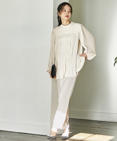 slattgir(スラットジール)の「高身長 【フォーマル】プリーツブラウス2点セット (ブラウス+パンツ)(スーツセット・レディース・ブラック/クリーム・M/L/LL/3L/4L/5L)」の1枚目の写真
