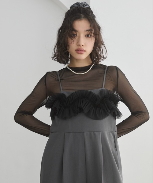 ANGIE（アンジー）の「【オケージョン対応 / セレモニー対応】チュールドッキングオールインワン / キャミサロペット（サロペット/オーバーオール・レディース・ダークグレー/ライトベージュ・FREE）」の18枚目の写真