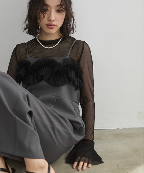 ANGIE（アンジー）の「【オケージョン対応 / セレモニー対応】チュールドッキングオールインワン / キャミサロペット（サロペット/オーバーオール・レディース・ダークグレー/ライトベージュ・FREE）」の20枚目の写真