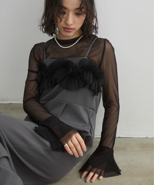 ANGIE（アンジー）の「【オケージョン対応 / セレモニー対応】チュールドッキングオールインワン / キャミサロペット（サロペット/オーバーオール・レディース・ダークグレー/ライトベージュ・FREE）」の21枚目の写真