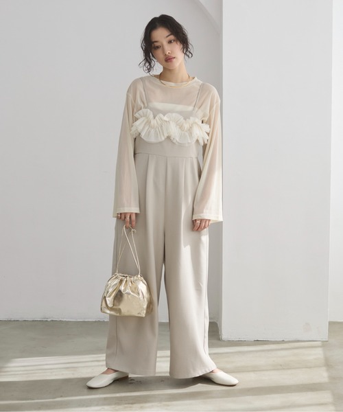 ANGIE（アンジー）の「【オケージョン対応 / セレモニー対応】チュールドッキングオールインワン / キャミサロペット（サロペット/オーバーオール・レディース・ダークグレー/ライトベージュ・FREE）」の10枚目の写真