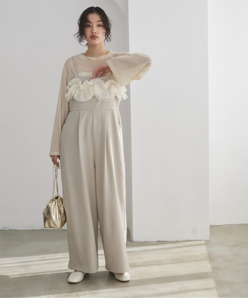 ANGIE（アンジー）の「【オケージョン対応 / セレモニー対応】チュールドッキングオールインワン / キャミサロペット（サロペット/オーバーオール・レディース・ダークグレー/ライトベージュ・FREE）」の13枚目の写真