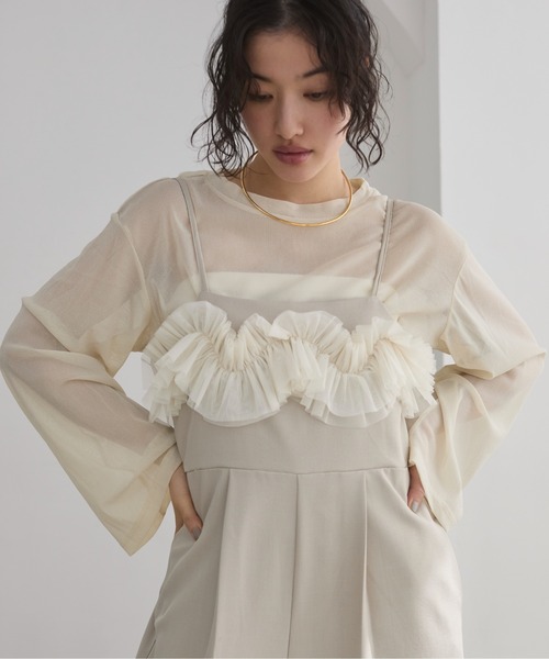 ANGIE（アンジー）の「【オケージョン対応 / セレモニー対応】チュールドッキングオールインワン / キャミサロペット（サロペット/オーバーオール・レディース・ダークグレー/ライトベージュ・FREE）」の8枚目の写真