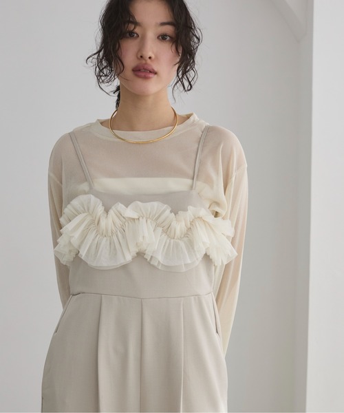 ANGIE（アンジー）の「【オケージョン対応 / セレモニー対応】チュールドッキングオールインワン / キャミサロペット（サロペット/オーバーオール・レディース・ダークグレー/ライトベージュ・FREE）」の9枚目の写真