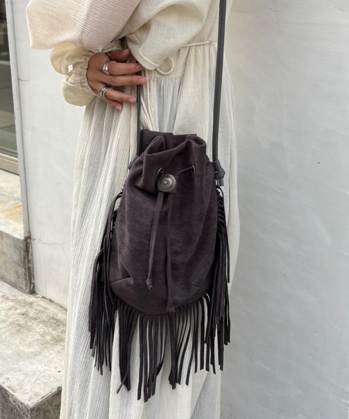 セール】【2025年S/S新作】コンチョボタンスウェードフリンジ巾着BAG