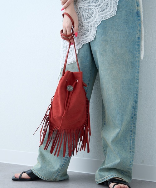 セール】【2025年S/S新作】コンチョボタンスウェードフリンジ巾着BAG