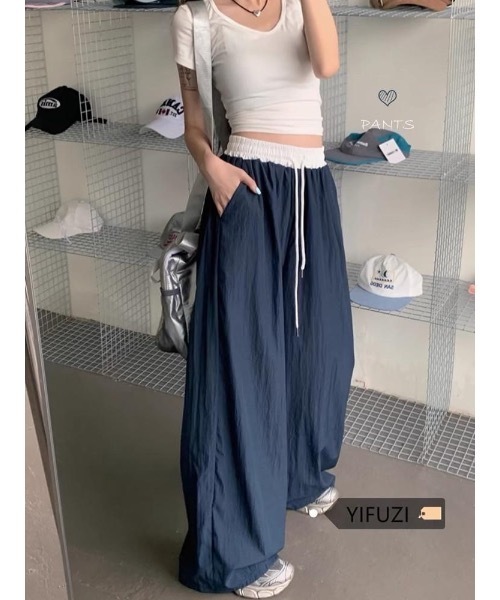 SALTMINT(ソルトミント)の「《韓国ファッション》バイカラーウエストルーズナイロンパンツ(スラックス・レディース・ブラック/ネイビー・M/L)」の4枚目の写真