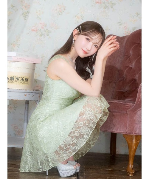 DAZZY（デイジー）の「オールフラワーレース ジップリボン ノースリーブ Aラインミニドレス（ドレス・レディース・ピンク/ミント・M/S/L）」の2枚目の写真
