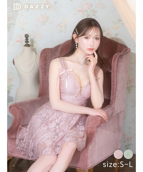 オールフラワーレースジップリボンノースリーブAラインミニドレス ピンク オールフラワーレース ジップリボン ノースリーブ Aラインミニ