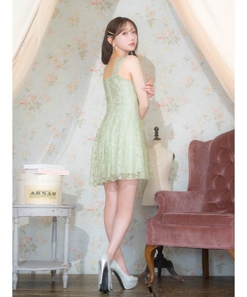 オールフラワーレースジップリボンノースリーブAラインミニドレス ピンク オールフラワーレース ジップリボン ノースリーブ Aラインミニ