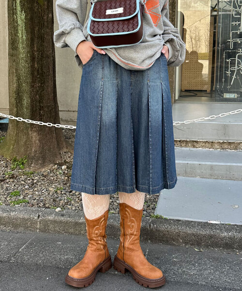 CIAOPANIC（チャオパニック）の「ライトデニムプリーツミドルスカート（デニムスカート・レディース・ブルー/ブラック・ONE SIZE）」の21枚目の写真