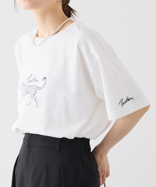 PUAL CE CIN（ピュアルセシン）の「アニマルプリントパンサーTシャツ（Tシャツ/カットソー・レディース・オフホワイト/チャコールグレー・FREE）」の12枚目の写真