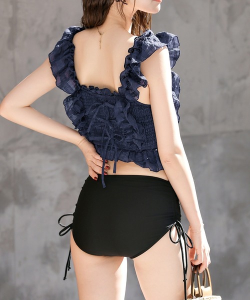 TeddyShop（テディショップ）の「レディース水着 バック3段リボンラメ入りドビーチェックハイウエストフリルビキニ 2点セット（水着・レディース・オフホワイト/グレー/ネイビー/ワイン・S/L/M）」の3枚目の写真