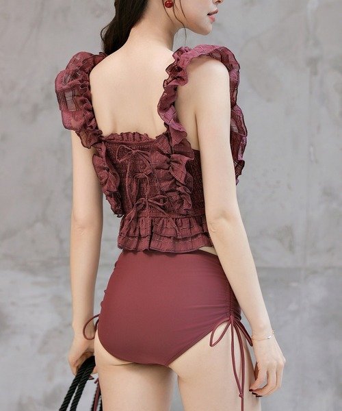 TeddyShop（テディショップ）の「レディース水着 バック3段リボンラメ入りドビーチェックハイウエストフリルビキニ 2点セット（水着・レディース・オフホワイト/グレー/ネイビー/ワイン・S/L/M）」の4枚目の写真