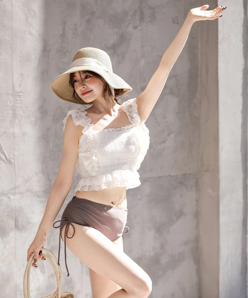 TeddyShop（テディショップ）の「レディース水着 バック3段リボンラメ入りドビーチェックハイウエストフリルビキニ 2点セット（水着・レディース・オフホワイト/グレー/ネイビー/ワイン・S/L/M）」の15枚目の写真