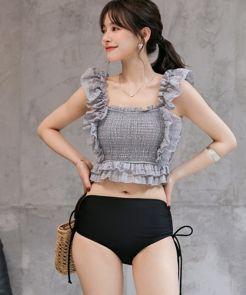 TeddyShop（テディショップ）の「レディース水着 バック3段リボンラメ入りドビーチェックハイウエストフリルビキニ 2点セット（水着・レディース・オフホワイト/グレー/ネイビー/ワイン・S/L/M）」の5枚目の写真