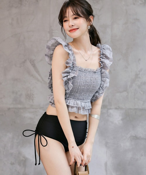 TeddyShop（テディショップ）の「レディース水着 バック3段リボンラメ入りドビーチェックハイウエストフリルビキニ 2点セット（水着・レディース・オフホワイト/グレー/ネイビー/ワイン・S/L/M）」の8枚目の写真