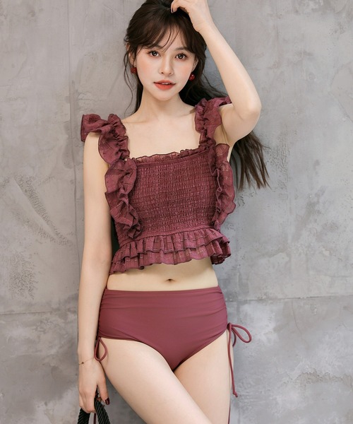 TeddyShop（テディショップ）の「レディース水着 バック3段リボンラメ入りドビーチェックハイウエストフリルビキニ 2点セット（水着・レディース・オフホワイト/グレー/ネイビー/ワイン・S/L/M）」の22枚目の写真