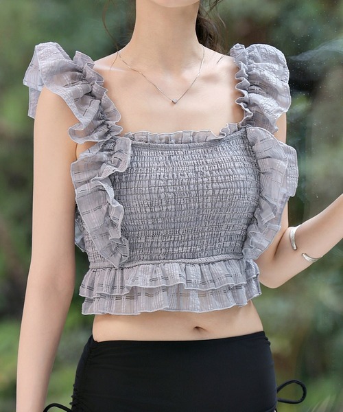 TeddyShop（テディショップ）の「レディース水着 バック3段リボンラメ入りドビーチェックハイウエストフリルビキニ 2点セット（水着・レディース・オフホワイト/グレー/ネイビー/ワイン・S/L/M）」の18枚目の写真