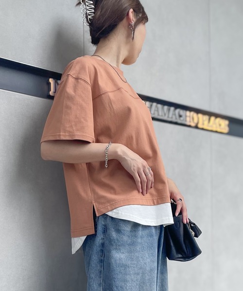 ikka（イッカ）の「コットンUSA袖刺繍レイヤーTシャツ（Tシャツ/カットソー・レディース・グリーン/オレンジ/ネイビー/ベージュ/チャコールグレー/ブルー・M/L/S）」の6枚目の写真