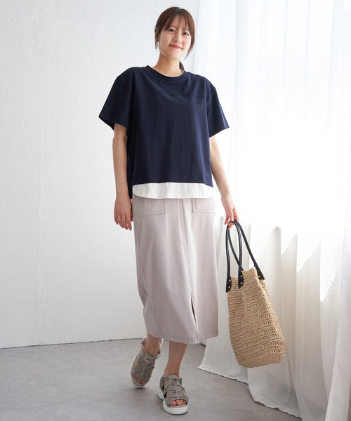 ikka（イッカ）の「コットンUSA袖刺繍レイヤーTシャツ（Tシャツ/カットソー・レディース・グリーン/オレンジ/ネイビー/ベージュ/チャコールグレー/ブルー・M/L/S）」の7枚目の写真