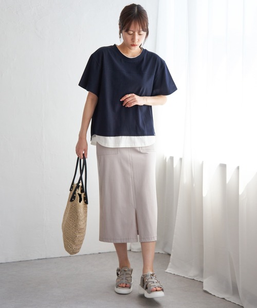 ikka（イッカ）の「コットンUSA袖刺繍レイヤーTシャツ（Tシャツ/カットソー・レディース・グリーン/オレンジ/ネイビー/ベージュ/チャコールグレー/ブルー・M/L/S）」の8枚目の写真